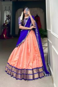 Royal Azure Blue & Pale Copper Kanchipuram Lehenga Choli Set