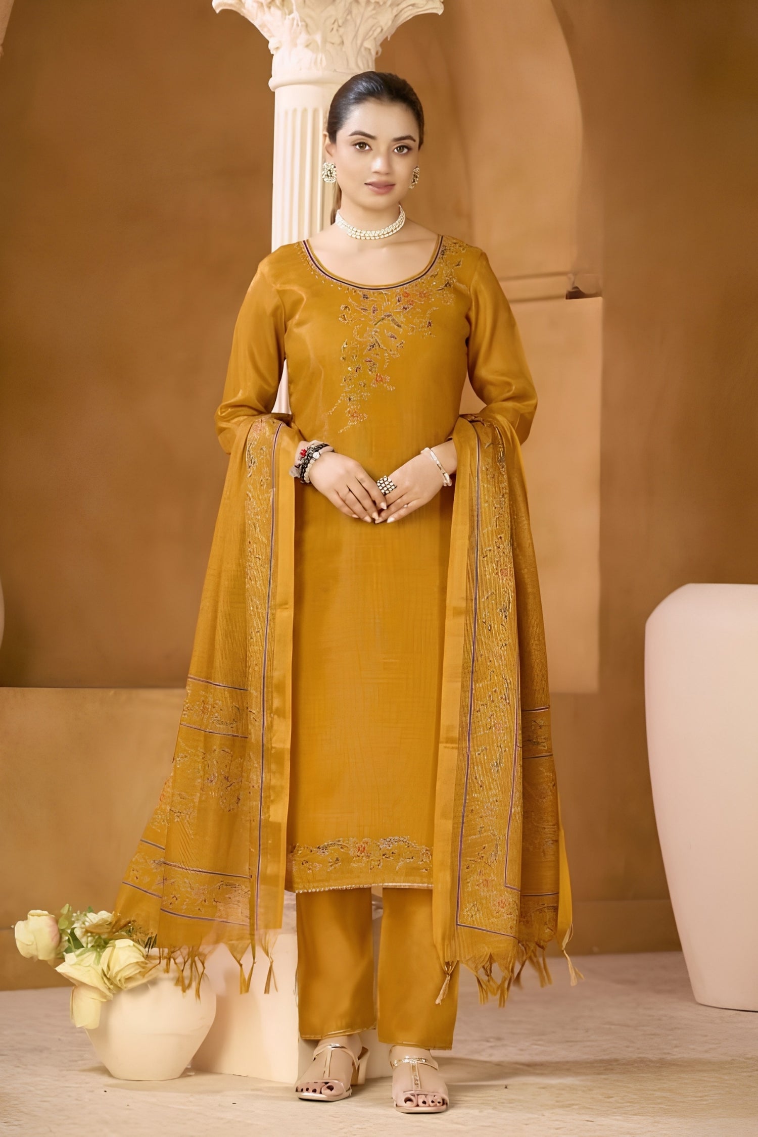 Yellow Linen Shimmer Digital Print Suit Set with Khatli Handwork Dupatta