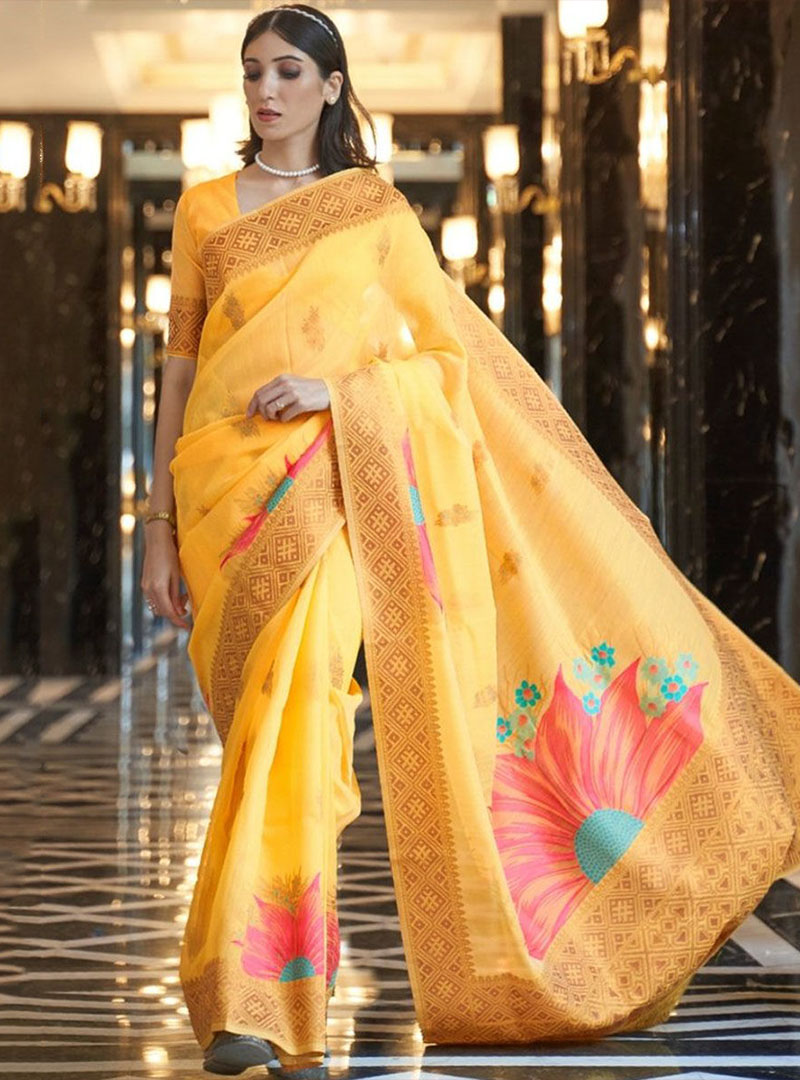 yellow-zari-woven-linen-silk-saree