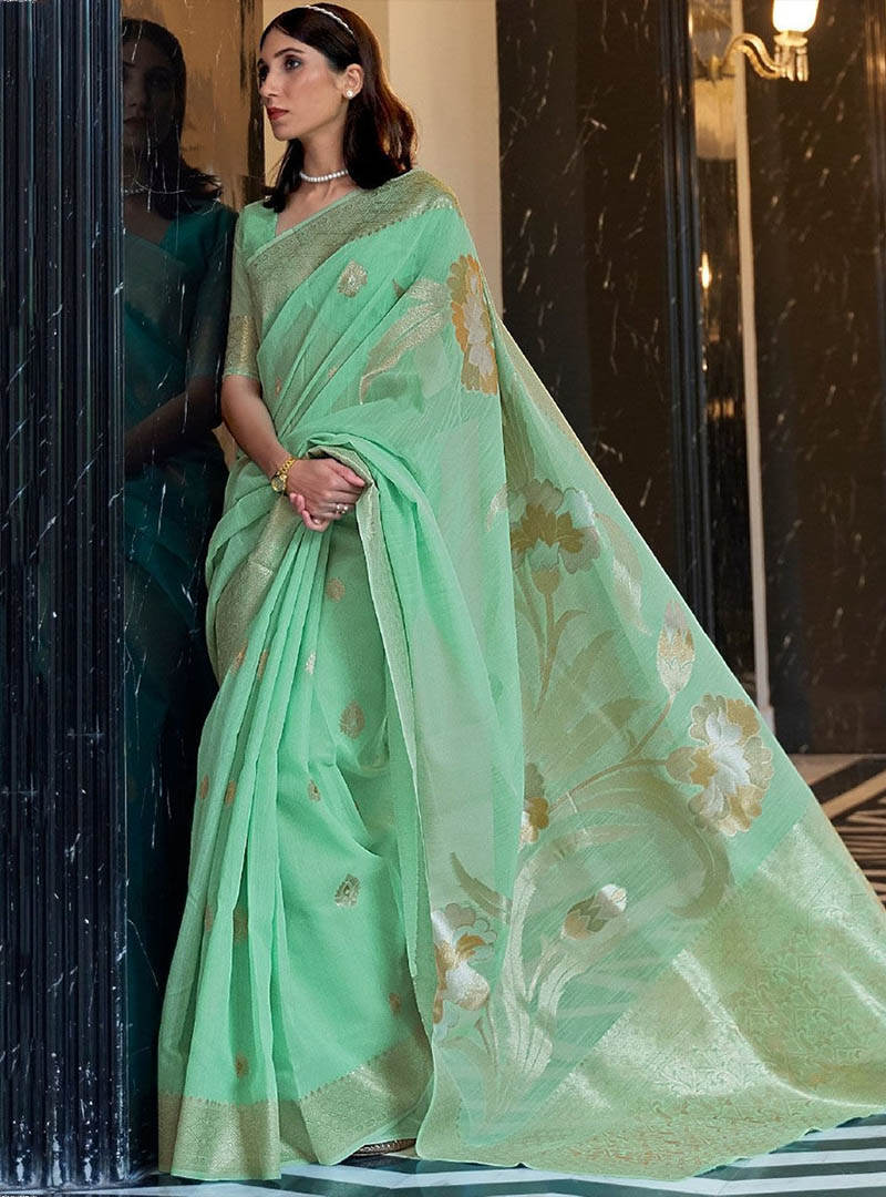 Green-zari-woven-linen-silk-saree