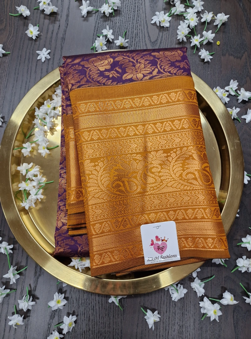 Plum Purple with Gold Color Semi Kanchi Silk Saree