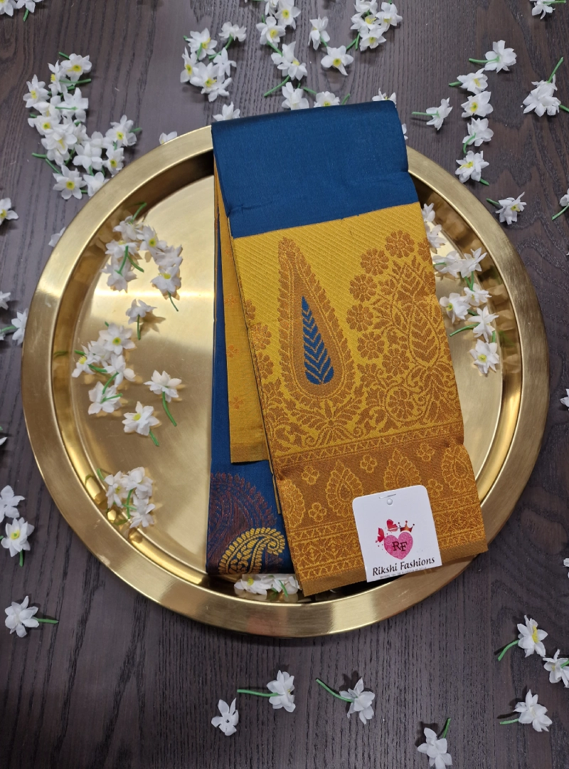Regal Blue with Luxor Gold Color Semi Kanchi Silk Saree