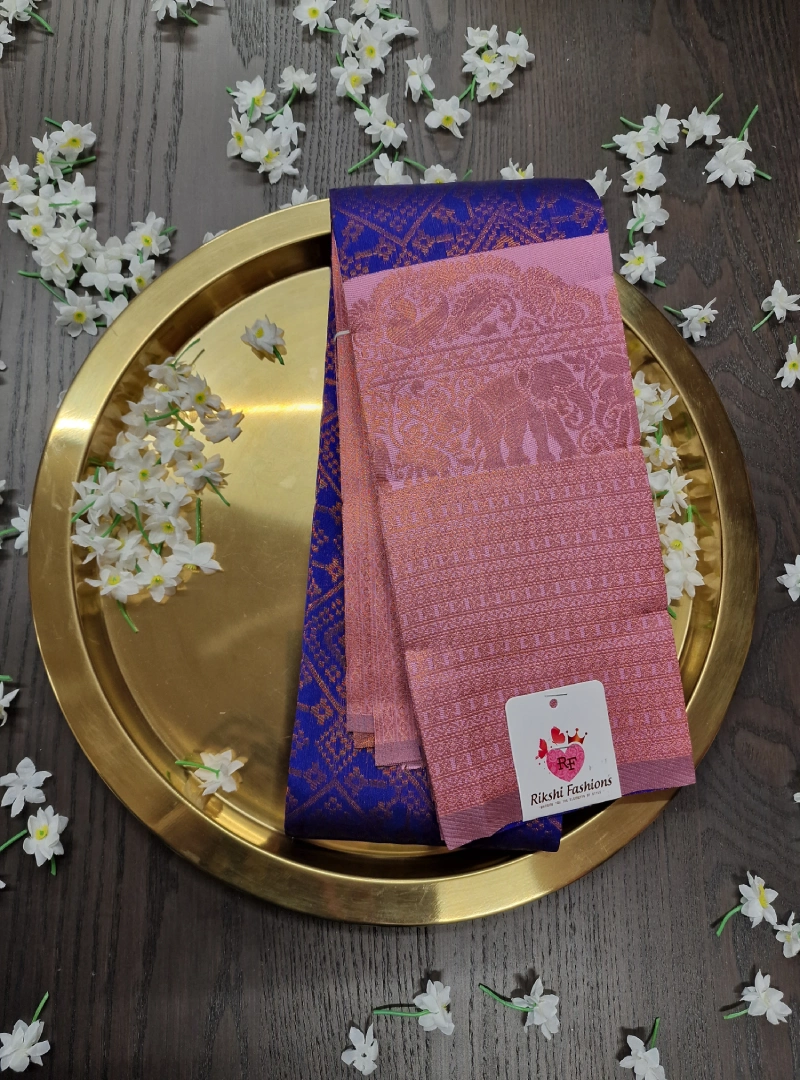 Royal Blue with Lipstick Pink Color Semi Kanchi Silk Saree