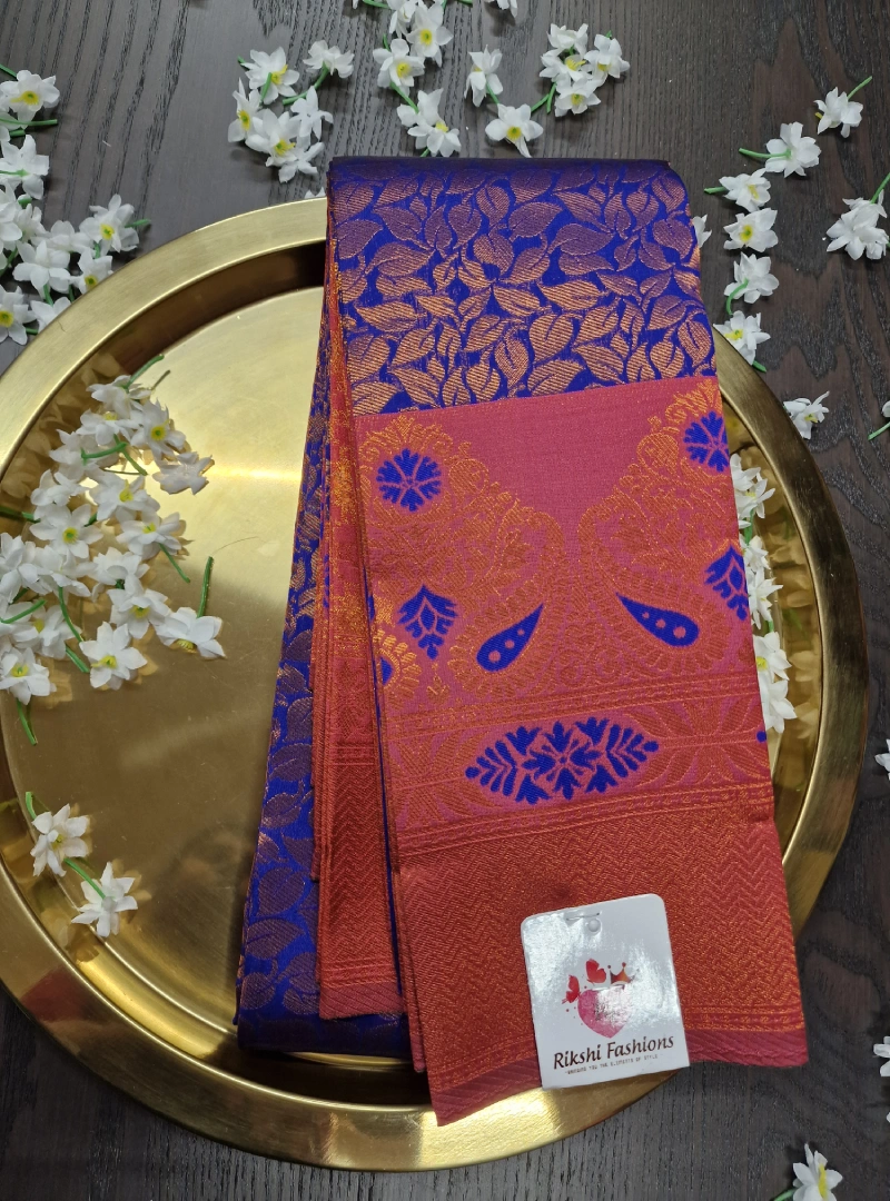 Copper Blue with Rich Rose Color Semi Kanchi Silk Saree