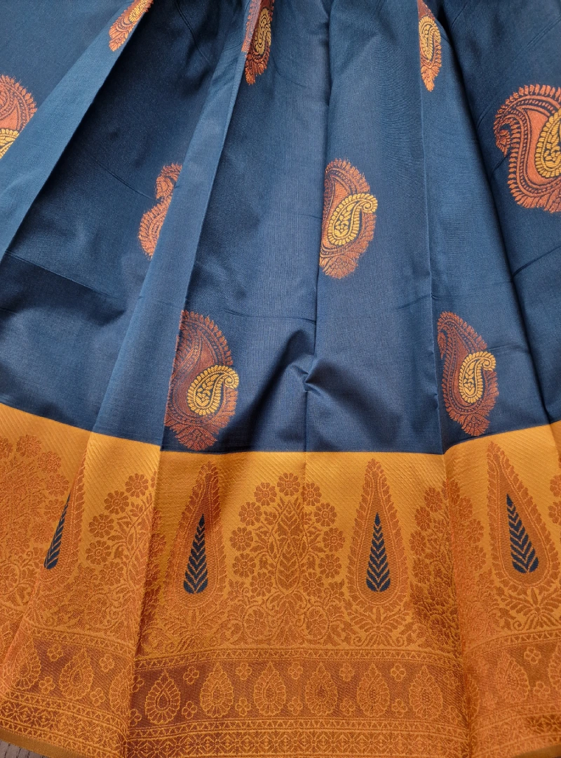 Regal Blue with Luxor Gold Color Semi Kanchi Silk Saree View