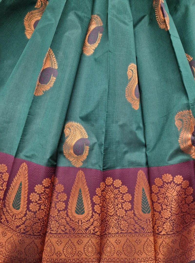Blue Dianne with Wine Berry Color Semi Kanchi Silk Saree fold View