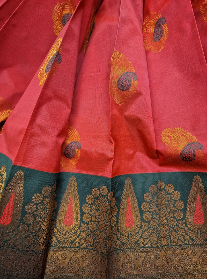 Brick Red and Davy Green Color Semi Kanchi Silk Saree Fold