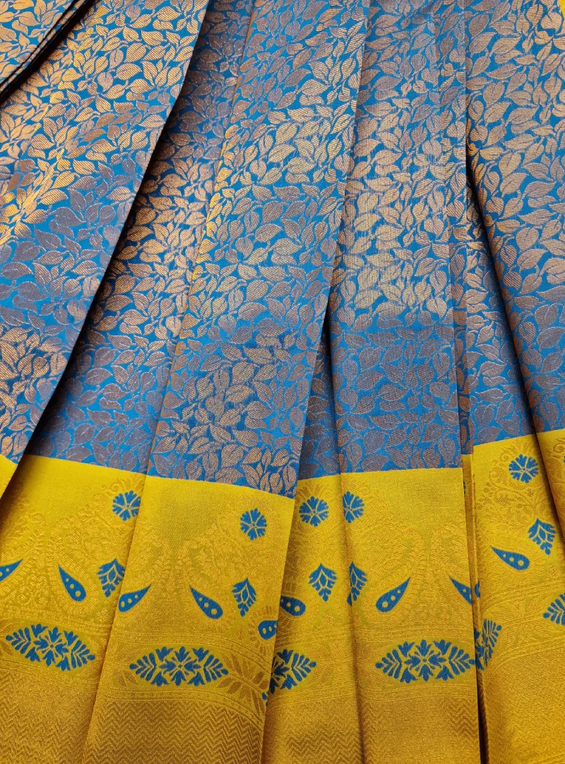 Regal Blue with Clay Brown Color Semi Kanchi Silk Saree Front View
