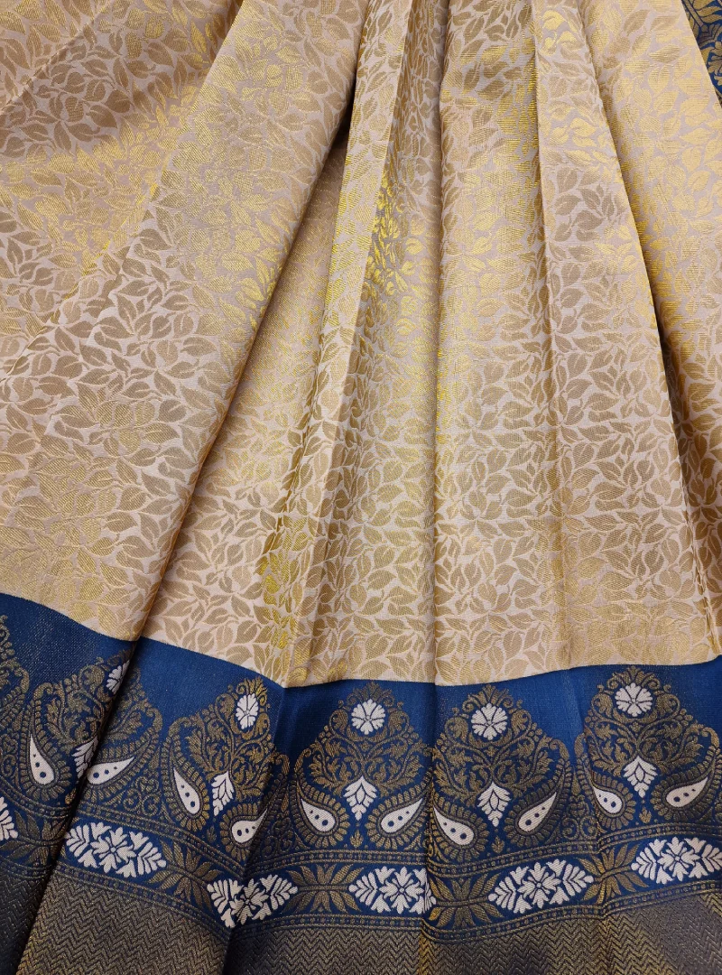 Natural Grey with Regal Blue Color Semi Kanchi Silk Saree View