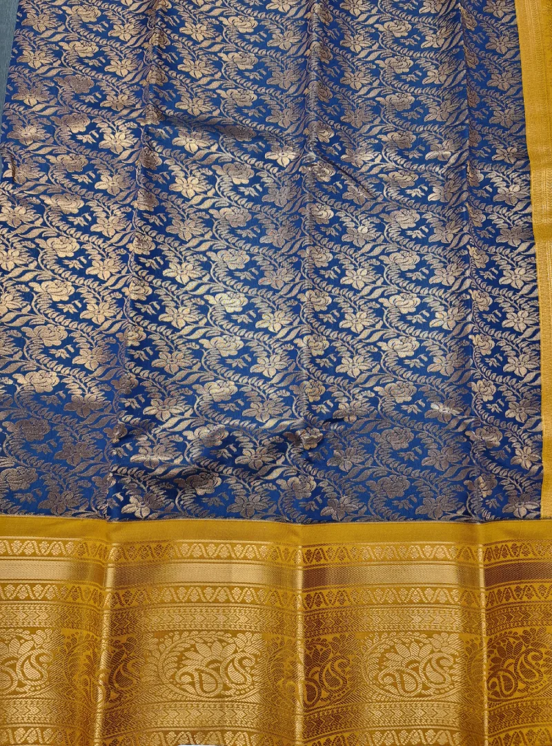 NIle Blue with Gold Color Semi Kanchi Silk Saree Full view