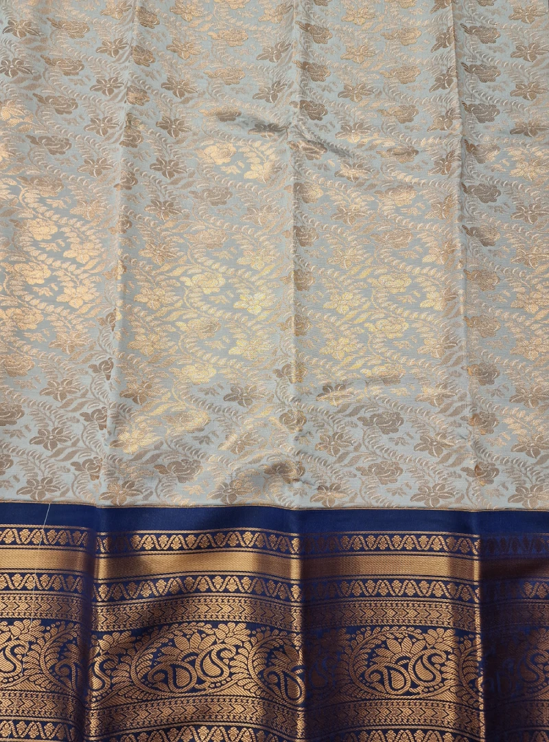 Warm Grey with Nile Blue Color Semi Kanchi Silk Saree View