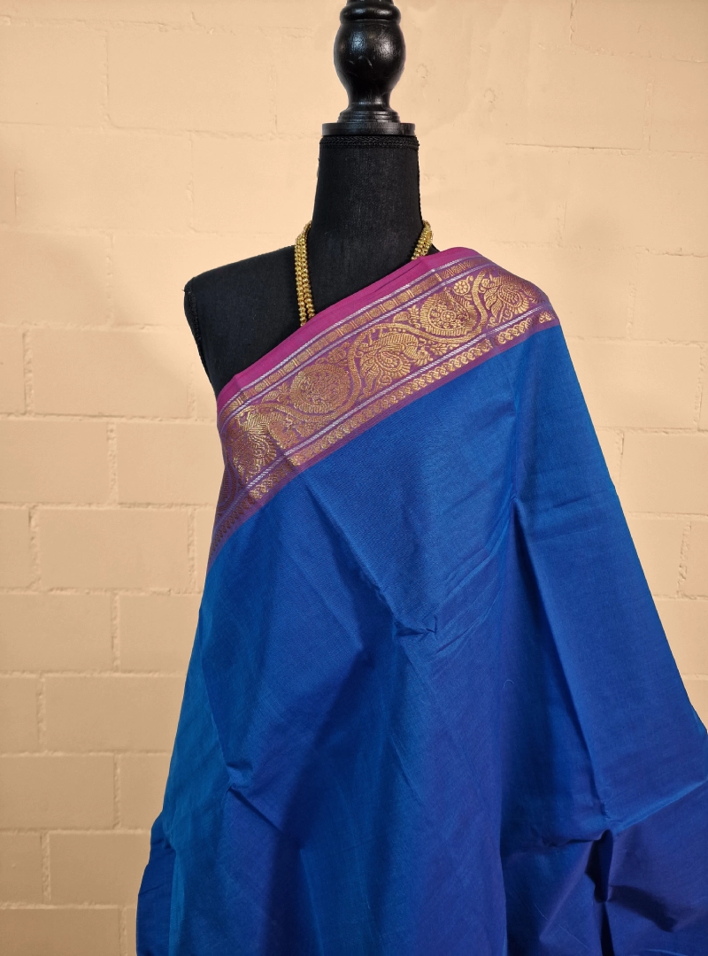 Yale Blue with Rasberry Rose Color Cotton Saree