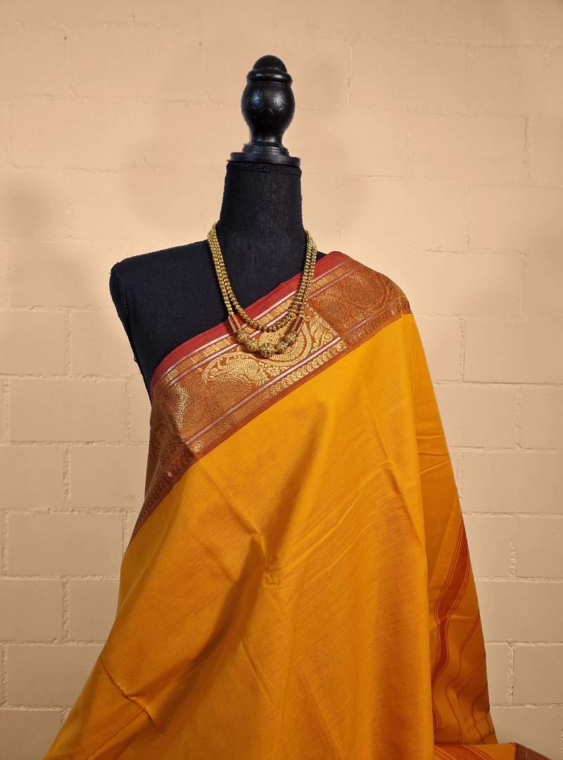 Yellow Ochre with Pastel Red Color Cotton Saree