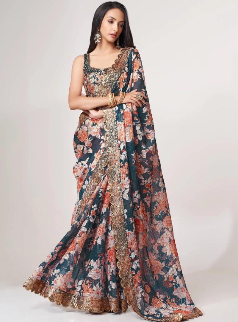 Fascinating Dove Blue Floral Printed Organza Events Wear Saree With Blouse