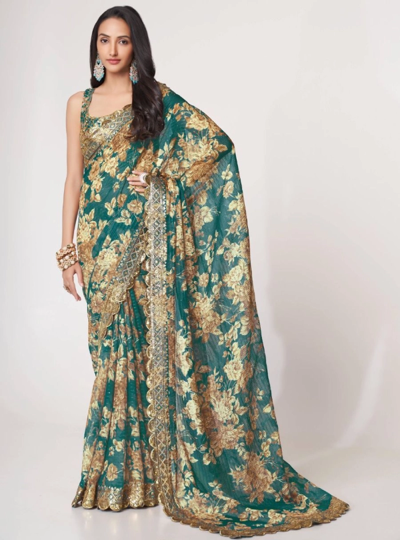 Bewitching Teal Blue Floral Printed Organza Party Wear Saree