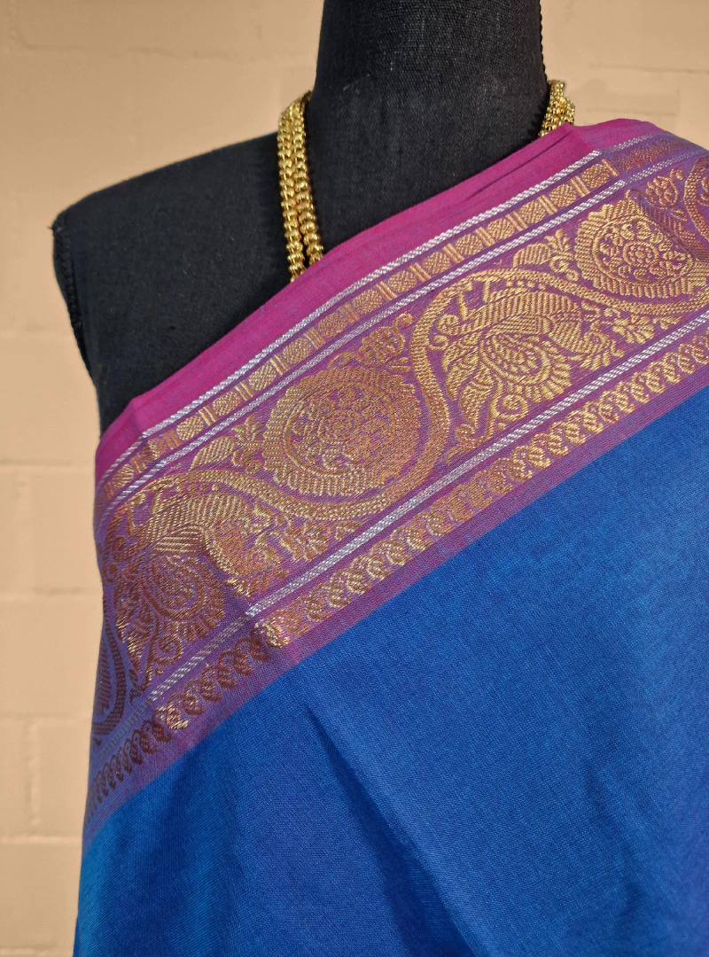 Yale Blue with Rasberry Rose Color Cotton Saree View