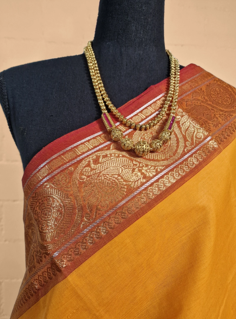 Yellow Ochre with Pastel Red Color Cotton Saree