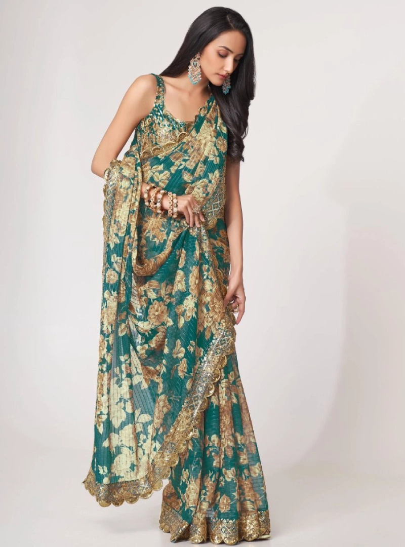 Bewitching Teal Blue Floral Printed Organza Party Wear Saree