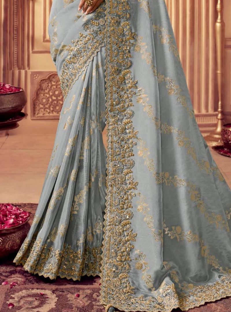 Alluring Grey Zari Embroidery Chinnon Party Wear Saree With Blouse