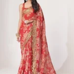 Charming Red Floral Printed Organza Occasion Wear Saree