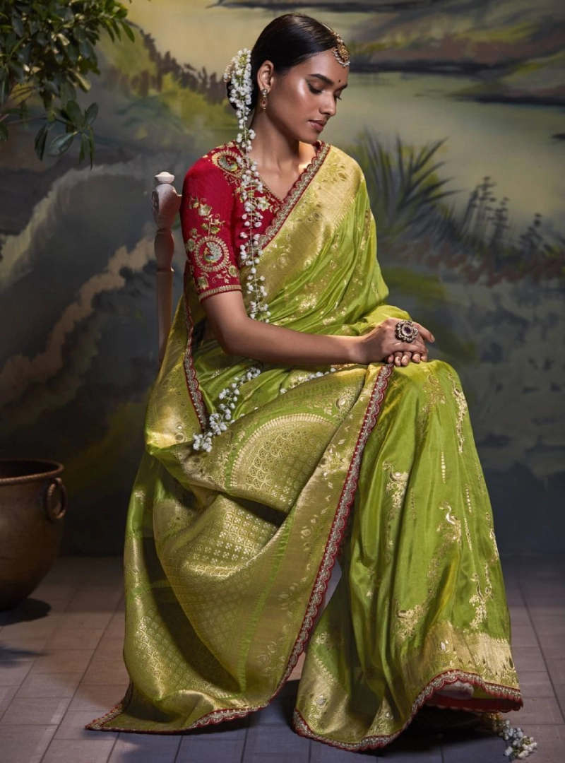 Awesome Green Zari Weaving Silk Wedding Wear Saree With Blouse