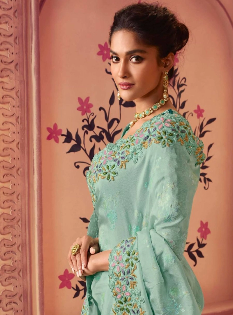 Graceful Teal Green Sequined Embroidered Chinnon Party Wear Saree With Blouse