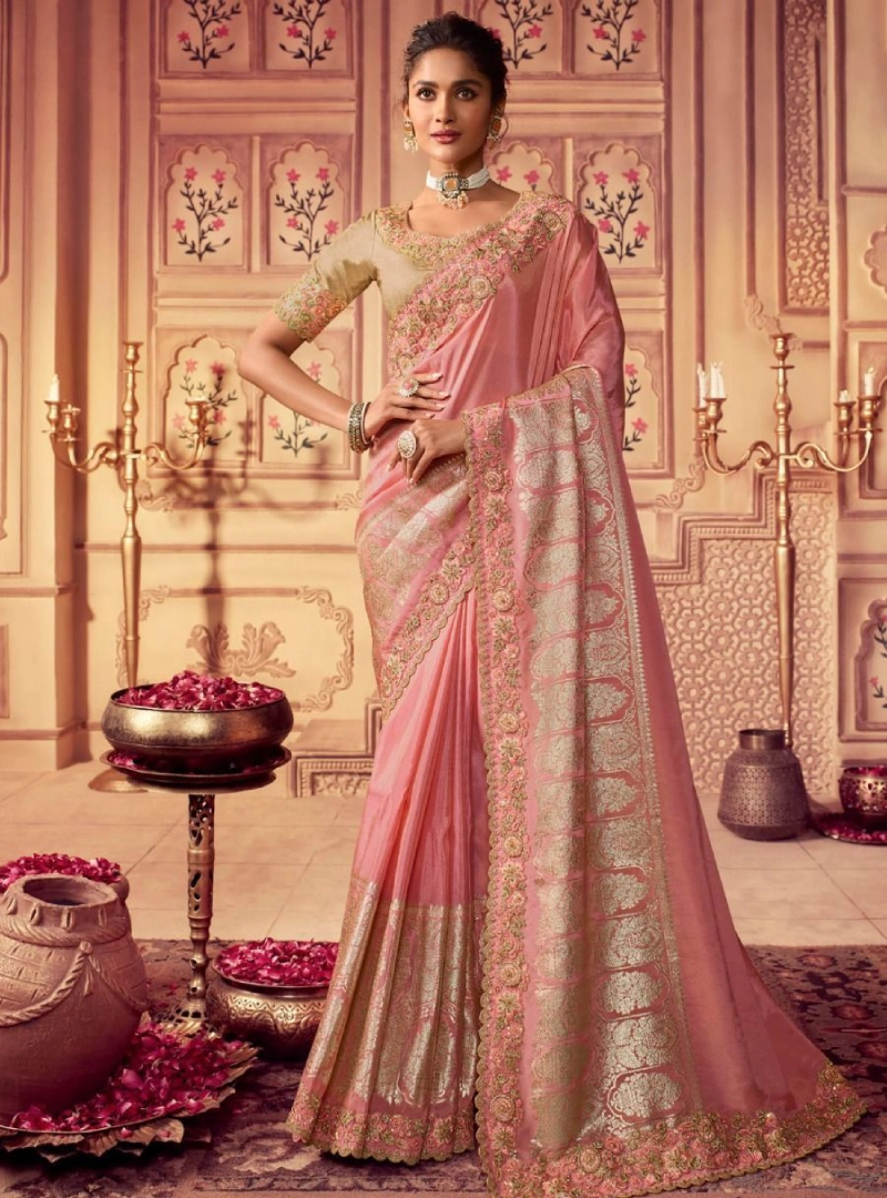 Tremendous Light Coral Embroidered Chinnon Party Wear Saree With Blouse