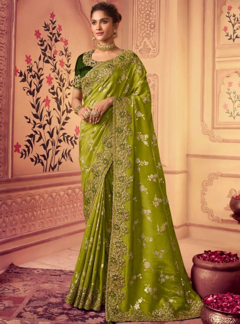 Enticing Grass Green Embroidered Chinnon Party Wear Saree With Blouse