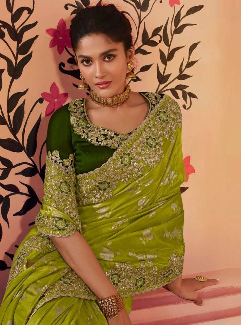 Enticing Grass Green Embroidered Chinnon Party Wear Saree With Blouse View