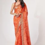 Gorgeous Orange Floral Printed Organza Party Wear Saree With Blouse