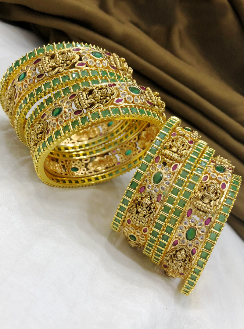 Green Stone Gold Plated Bangles Set for Girls