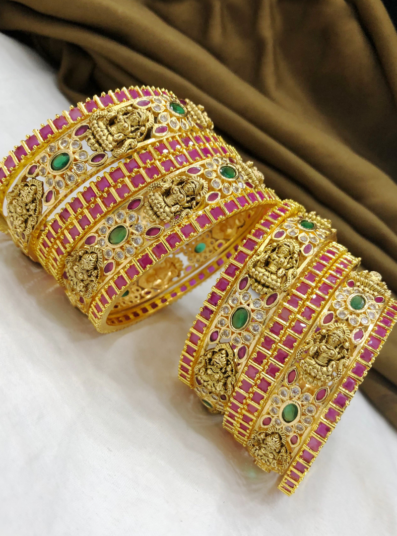 Pink White Green Stone Gold Plated Bangles Set for Girls