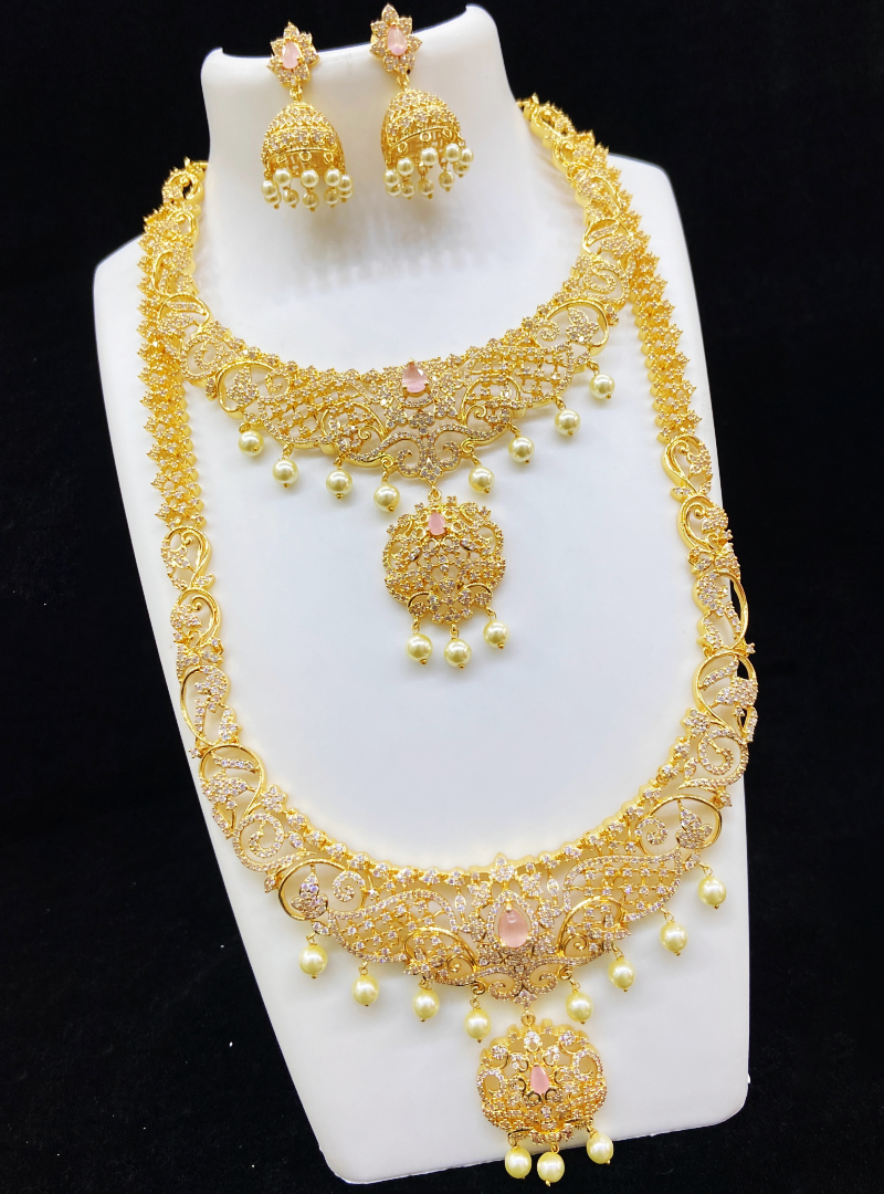 Bridal Gold Plated Jewellery Set with Pink Stone Necklace