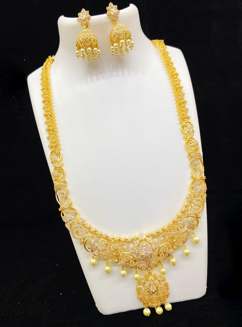 Gold Plated Jewellery Set with Whitwe Stone Necklace