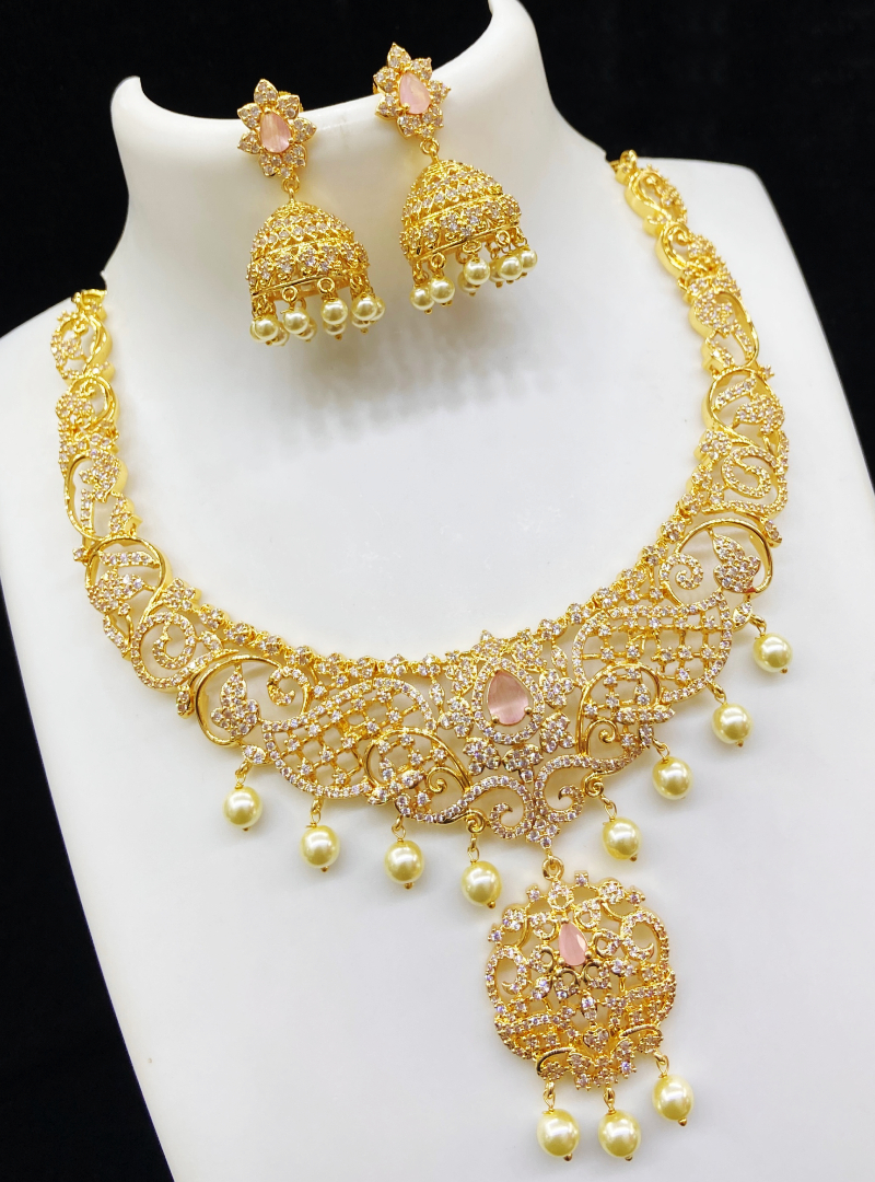Gold Plated Jewellery Set with Lite Pink Stone Necklace