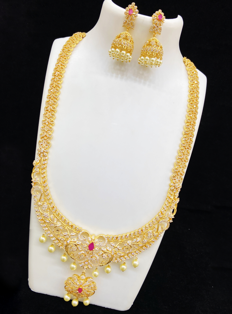 Traditional Design Long Haram Alloy Gold Plated Necklace with Earings